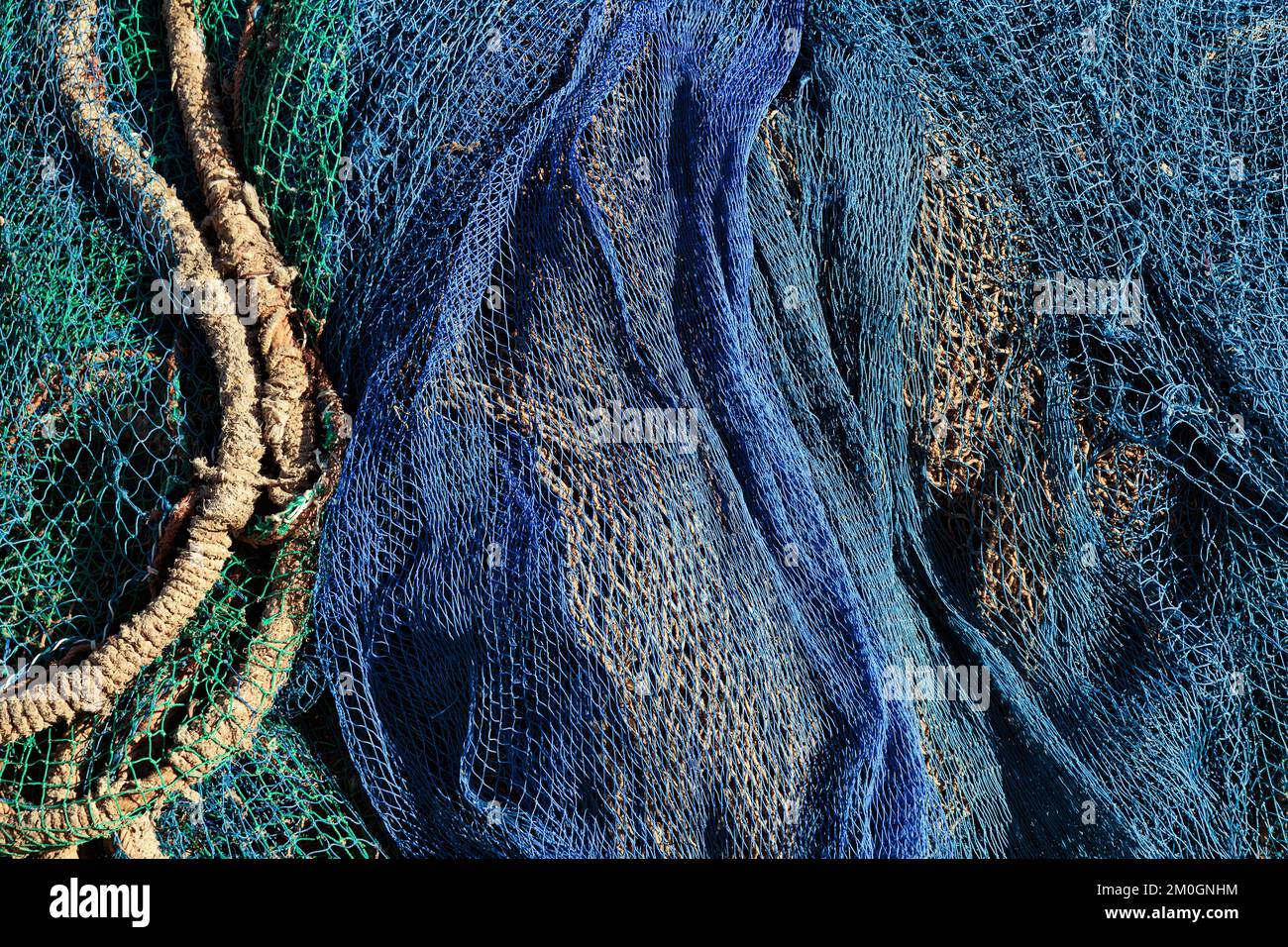 Reti da pesca turchesi nel porto, vista dall'alto, dettaglio, carta da parati, Marocco, Africa Foto Stock