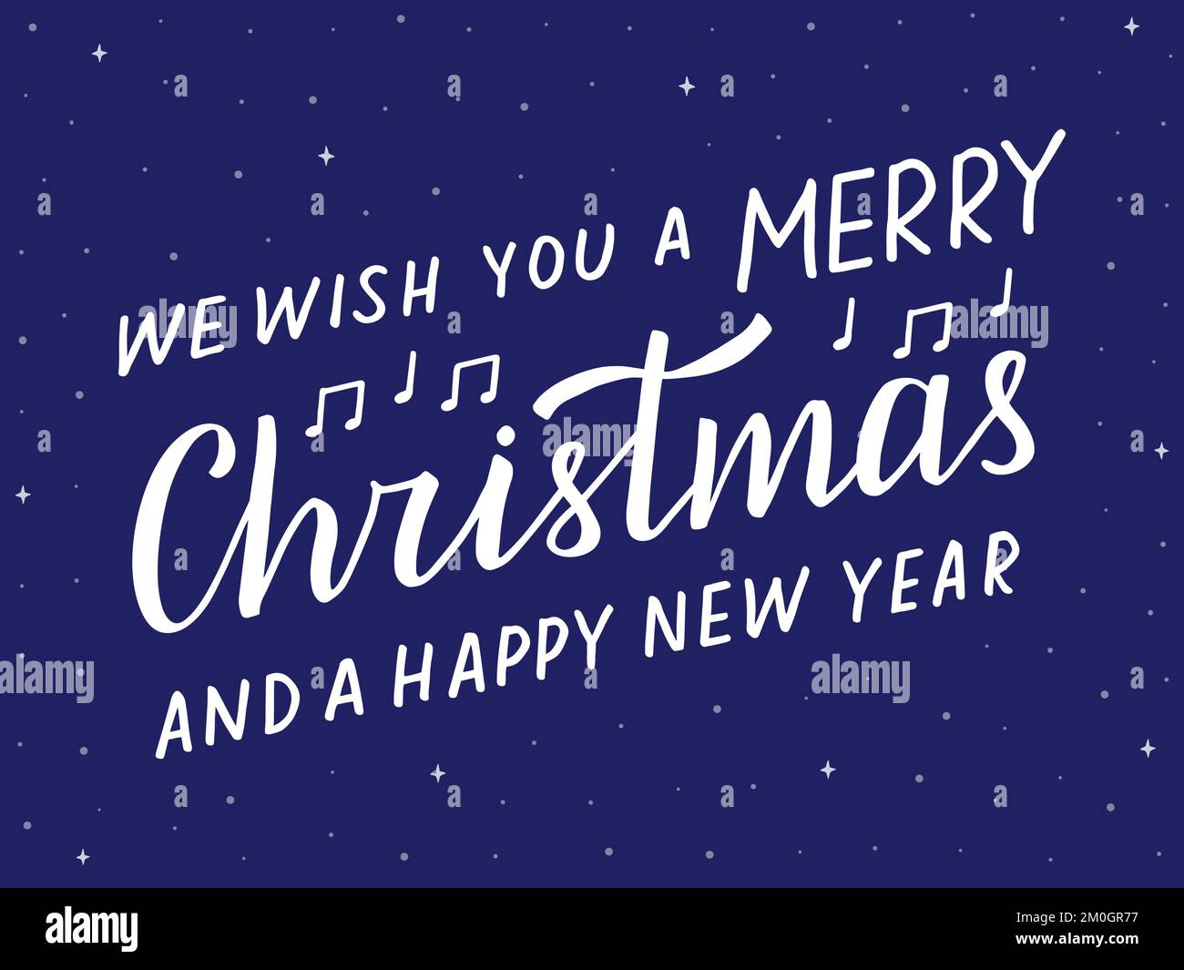 Vi auguriamo buon Natale e un Felice Anno Nuovo. Scritte a mano, calligrafia a pennello moderna. Testo diagonale blu e bianco per il biglietto d'auguri, p Illustrazione Vettoriale