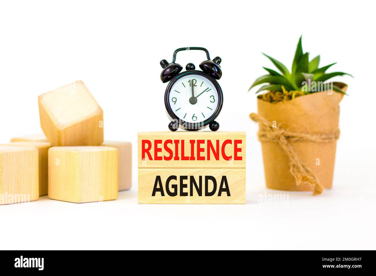 Simbolo del programma di resilienza. Parola concettuale Resilience agenda digitata su blocchi di legno. Bellissimo sfondo bianco tavolo. Sveglia nera. Azienda A. Foto Stock