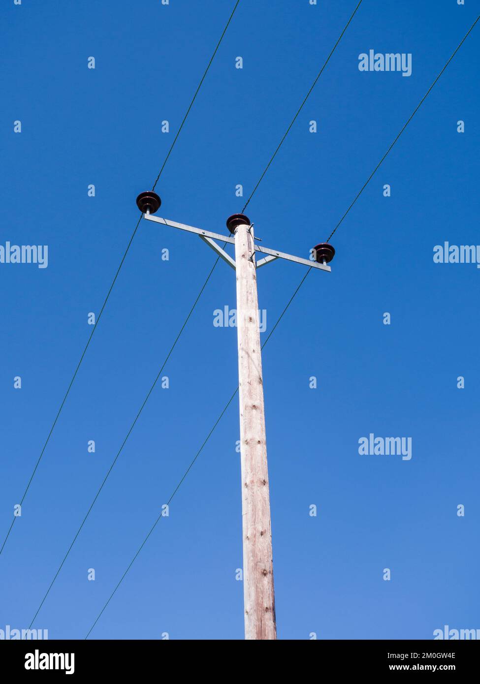 Palo in legno montato su 11kV cavi di distribuzione elettrica trifase ad alta tensione contro un cielo blu chiaro in Somerset, Inghilterra. Foto Stock
