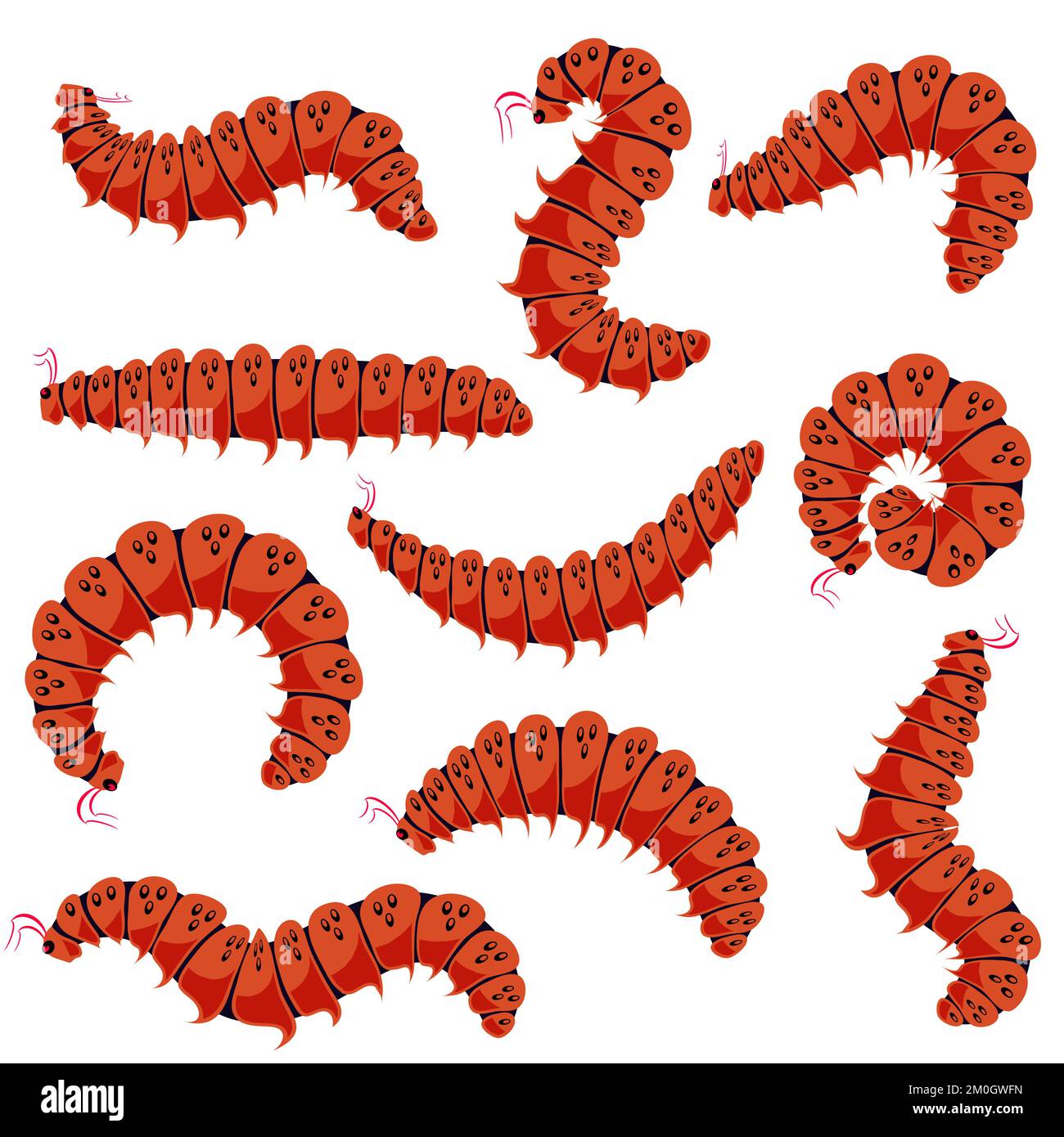 Rosso Cartoon Caterpillars isolato su sfondo bianco. Insetti estivi carini. Piccola mossa Maggot. Ciclo di vita della farfalla Illustrazione Vettoriale