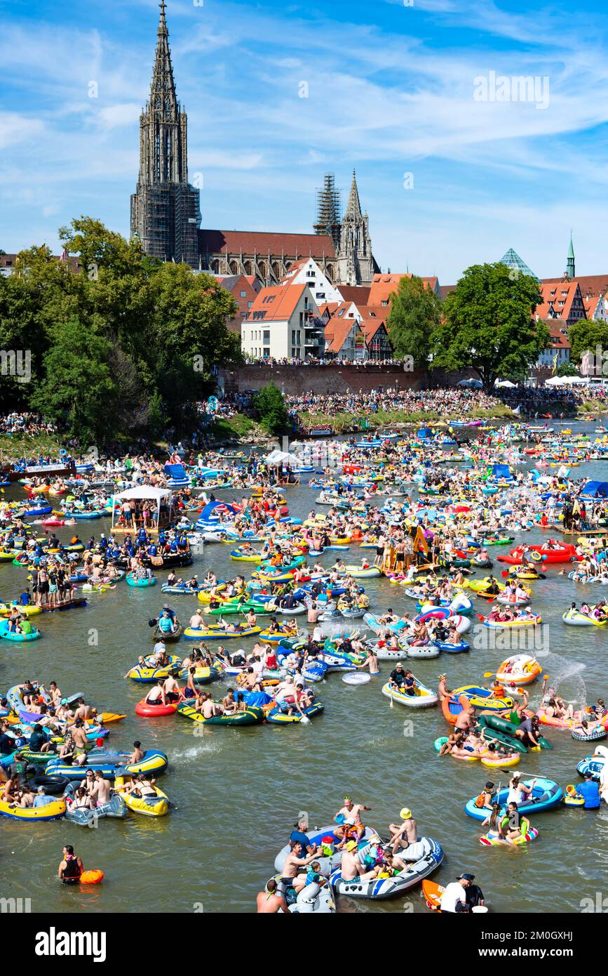 Schwörmontag, Nabada, una vacanza tradizionale a Ulm, Danubio, Ulm, Baden-Württemberg, Germania, Europa Foto Stock