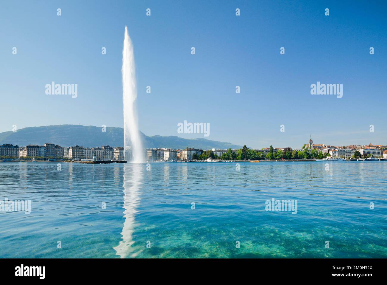 Il Jet d'eau, il punto di riferimento nel bacino del Lago di Ginevra, Cantone di Ginevra, Svizzera, Europa Foto Stock