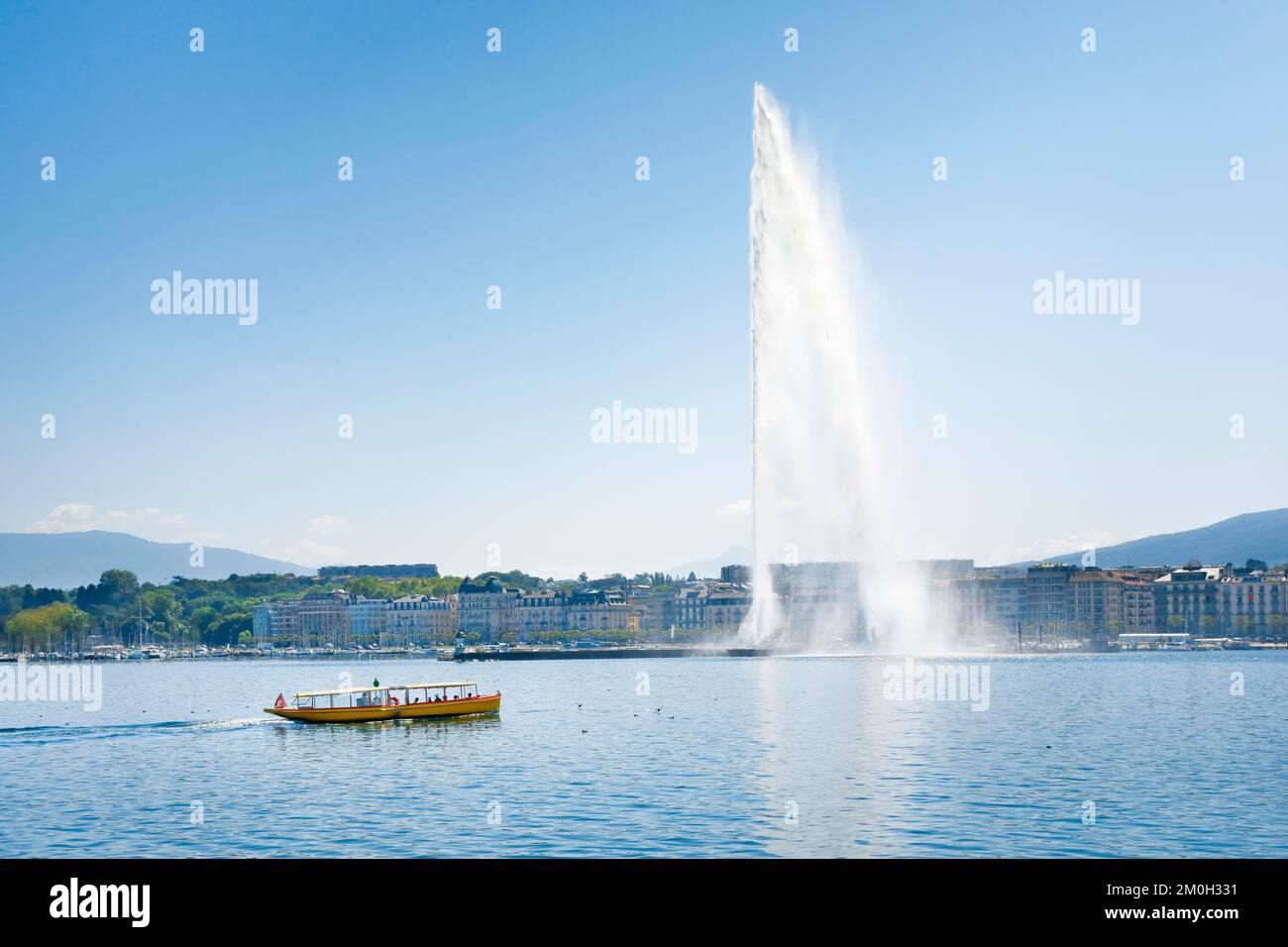 Il Jet d'eau, e le Mouettes genevoises in sole e cielo blu, punto di riferimento nel bacino del porto di Ginevra, Cantone di Ginevra, Svizzera, Europa Foto Stock