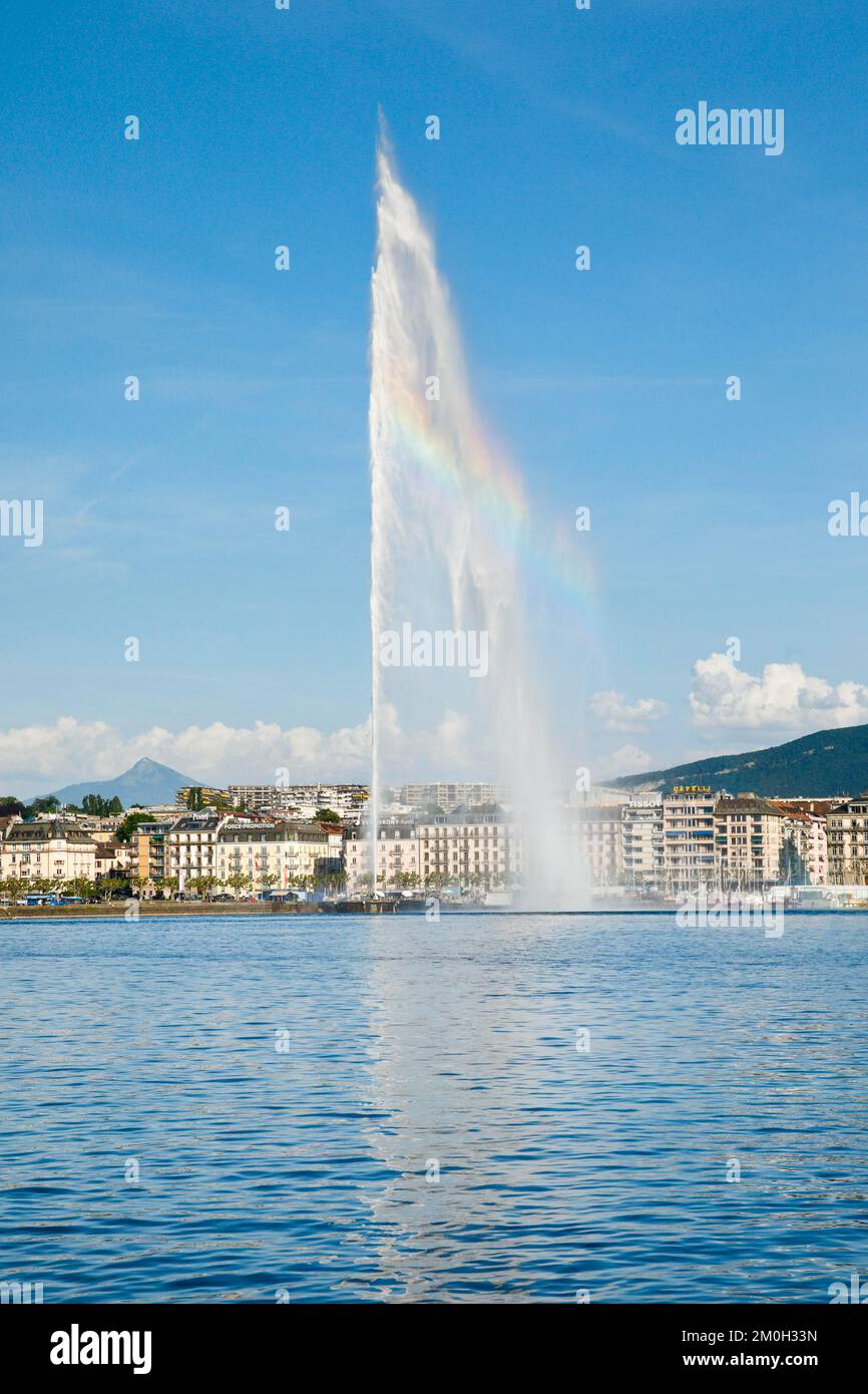 Il Jet d'eau, il punto di riferimento nel bacino del Lago di Ginevra, Cantone di Ginevra, Svizzera, Europa Foto Stock