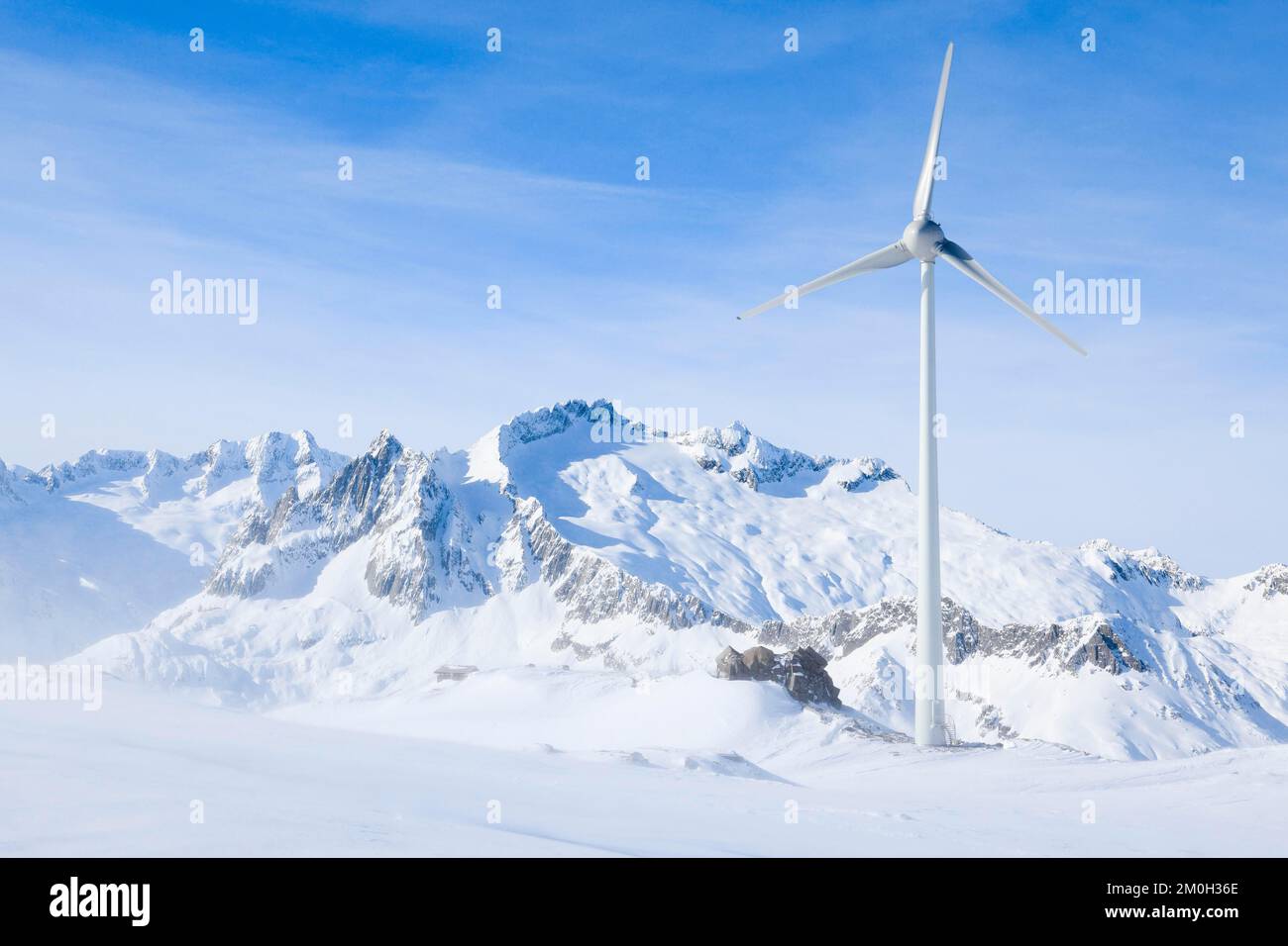 Turbina eolica sul Rohrspitz sopra Andermatt in vista del Dammstock, forti raffiche di vento in inverno, Svizzera, Europa Foto Stock