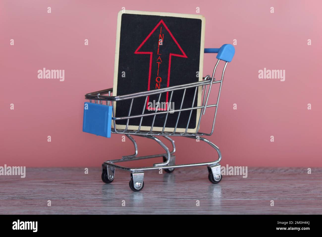 Carrello con freccia rossa verso l'alto. Inflazione, aumento del costo della vita, sovrapprezzo e concetto costoso Foto Stock