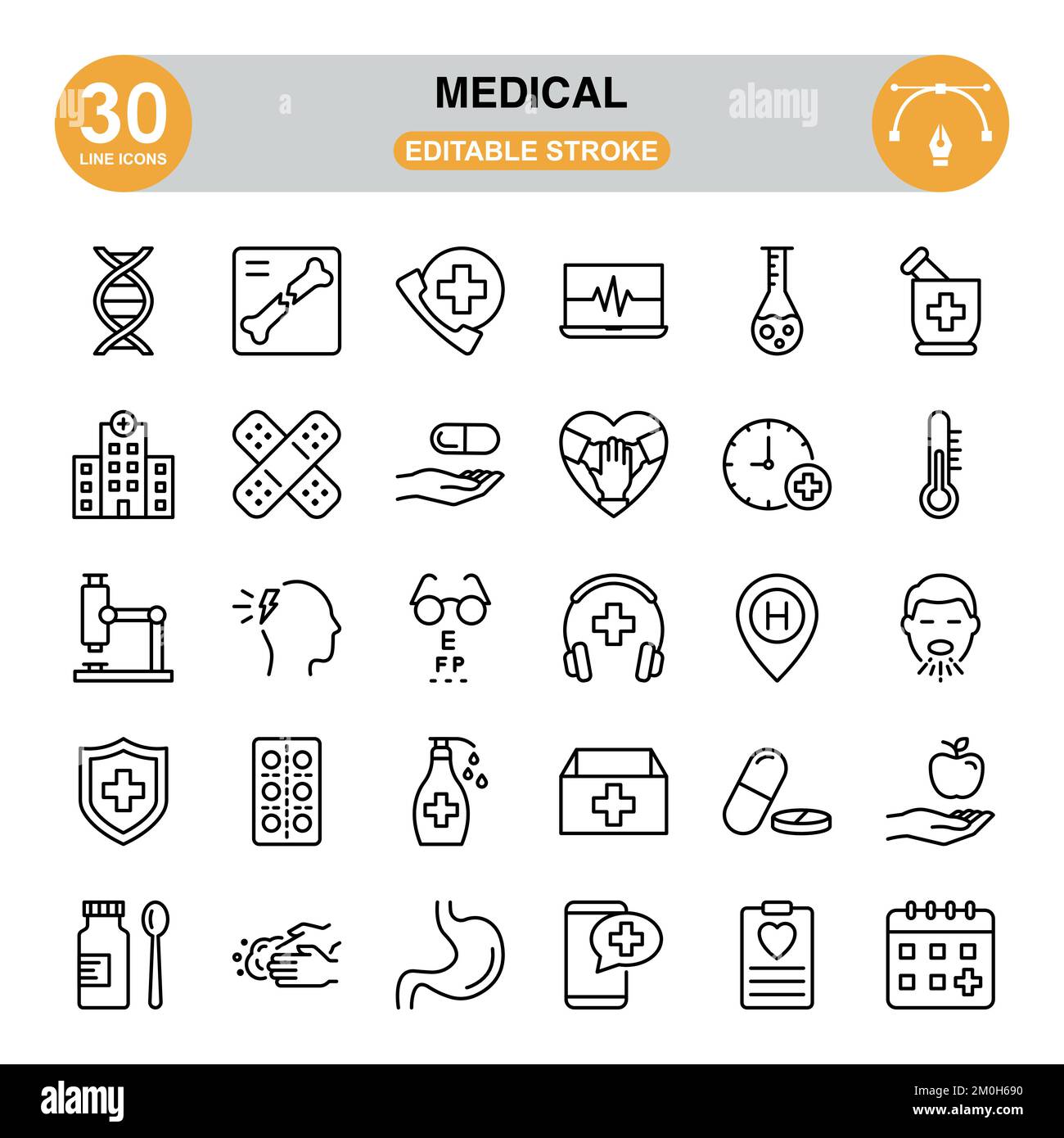 Set di icone mediche. Tratto modificabile. Pixel Perfect. Il set di icone contiene icone quali DNA, osso rotto, ospedale, cerotto, torace della medicina, lavaggio a mano... Illustrazione Vettoriale