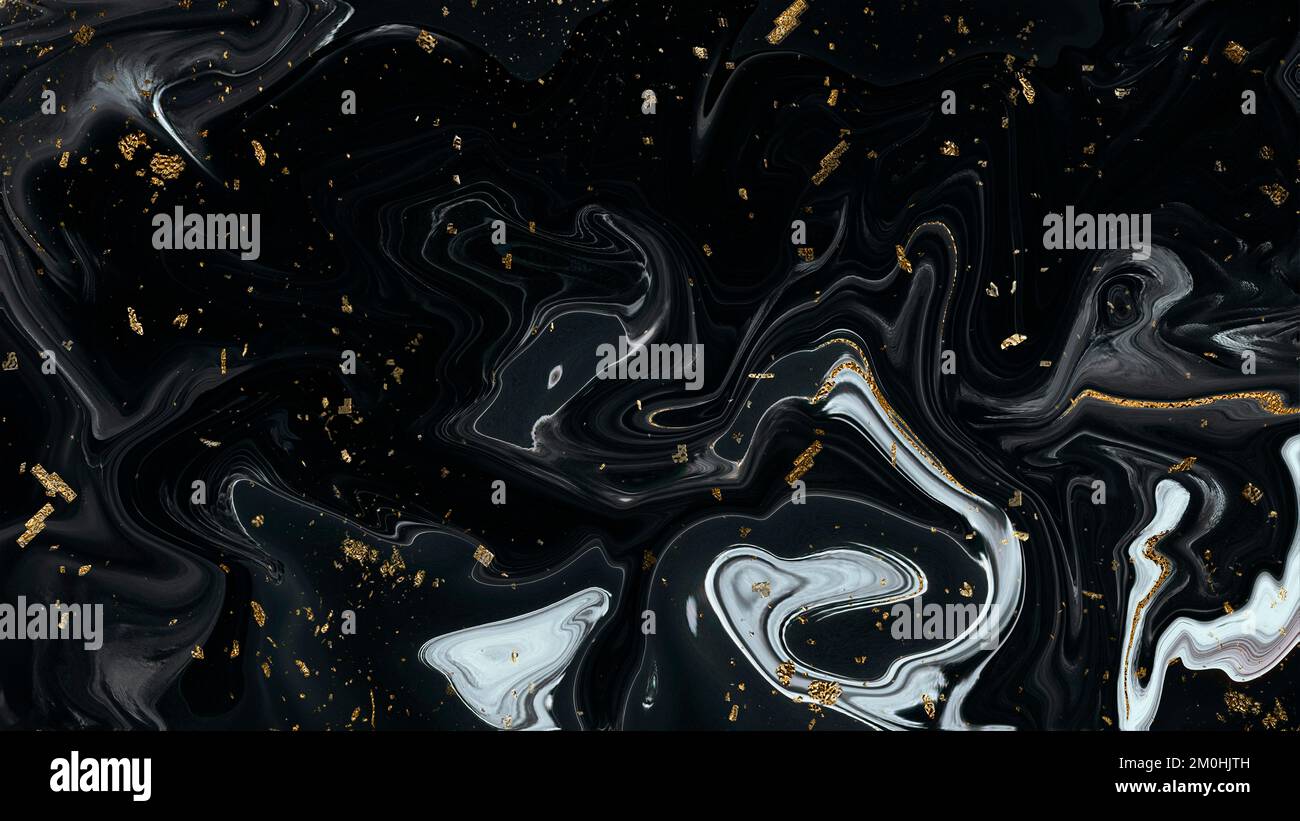Sfondo di lusso con un'astratta onda d'inchiostro nero e schizzi d'oro. Imitazione marmo taglio pietra, vena dorata incandescente, particella. Tessuto in agata nera Foto Stock