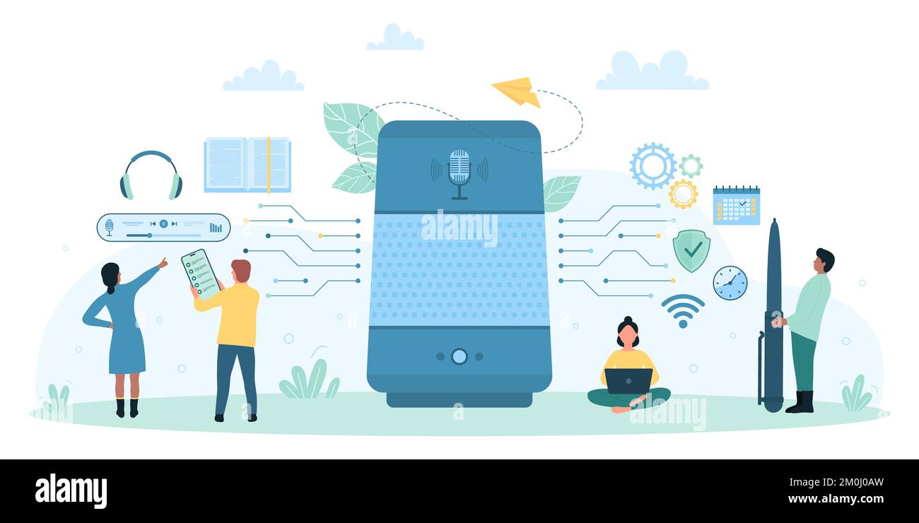ILLUSTRAZIONE vettoriale DELL'IOT, dei servizi elettronici intelligenti e della tecnologia di automazione. Cartoni animati persone piccole che utilizzano altoparlanti per controllare l'assistente vocale personale e lavorare con un sistema di computer connesso wireless Illustrazione Vettoriale