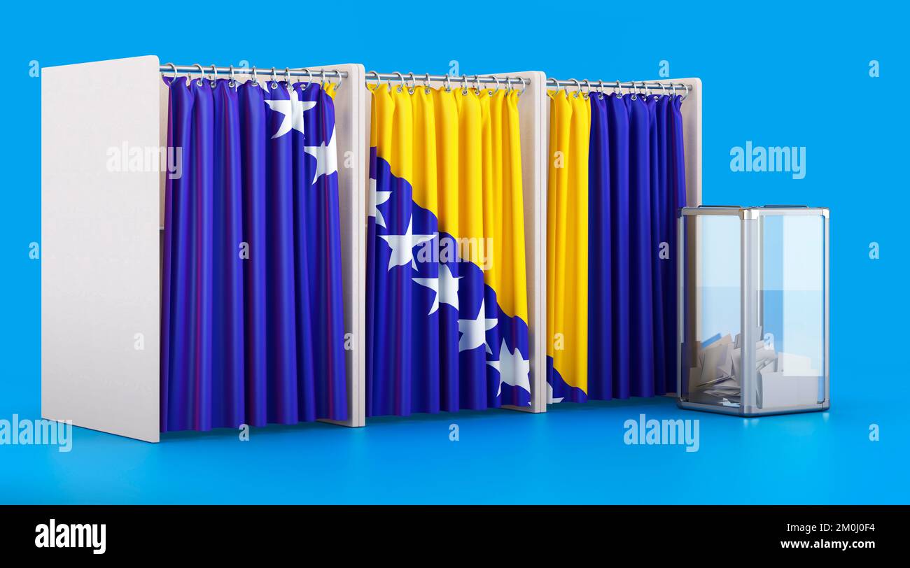 Cabine di voto con bandiera bosniaca e Herzegovinan e scrutinio. Elezione in Bosnia-Erzegovina, concetto. 3D rendering isolato su backgroun blu Foto Stock