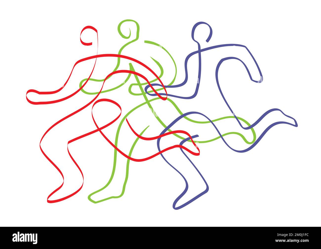 Corsa, maratona, jogging, line art stilizzato. Illustrazione stilizzata di tre corse. Disegno a linea continua. Illustrazione Vettoriale