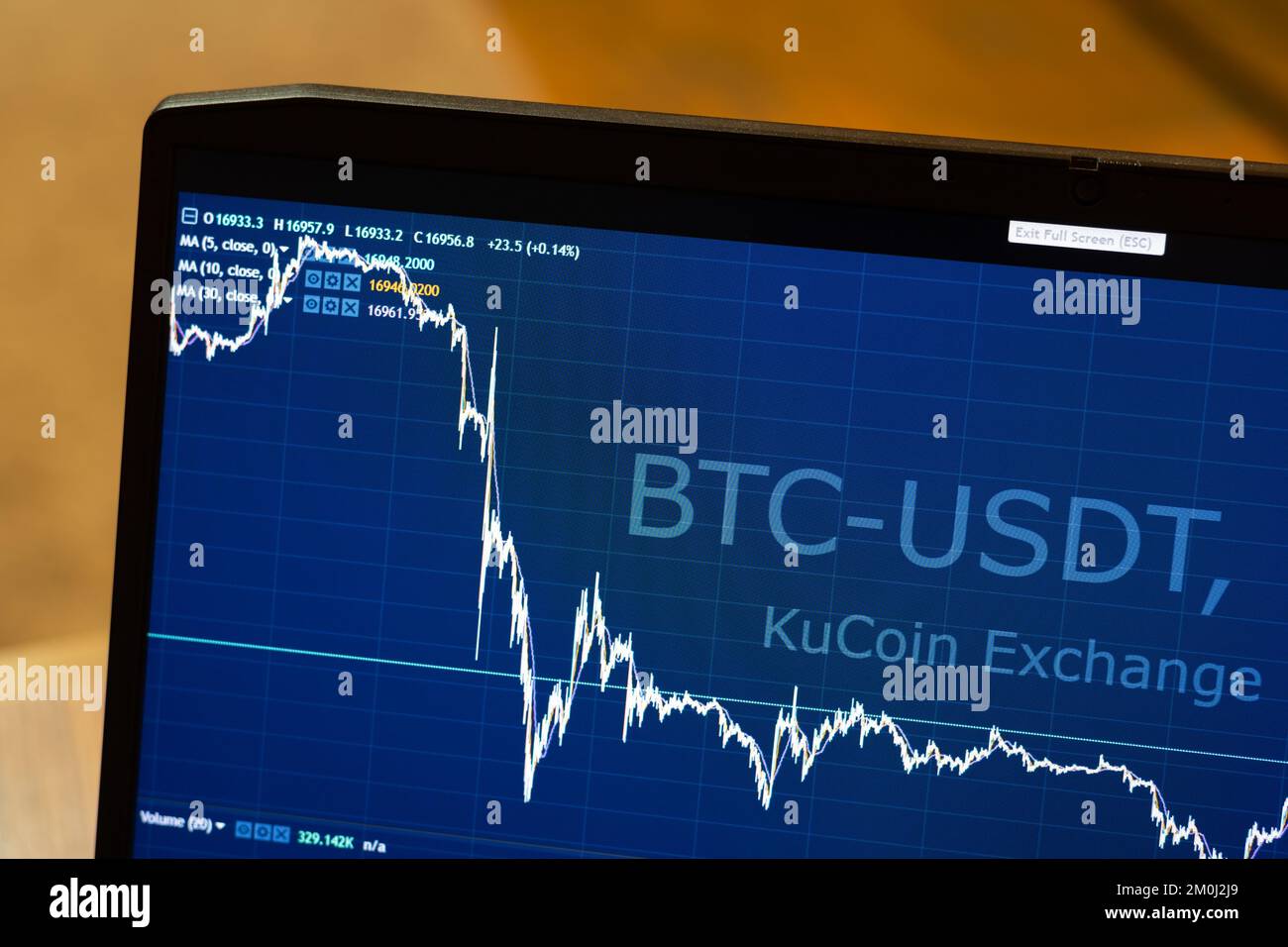 Live Chart BTC to USDT on Kucoin cryptocurrency Exchange on a laptop's monitor on December 3, 2022, in Tbilisi, Georgia. Foto Stock