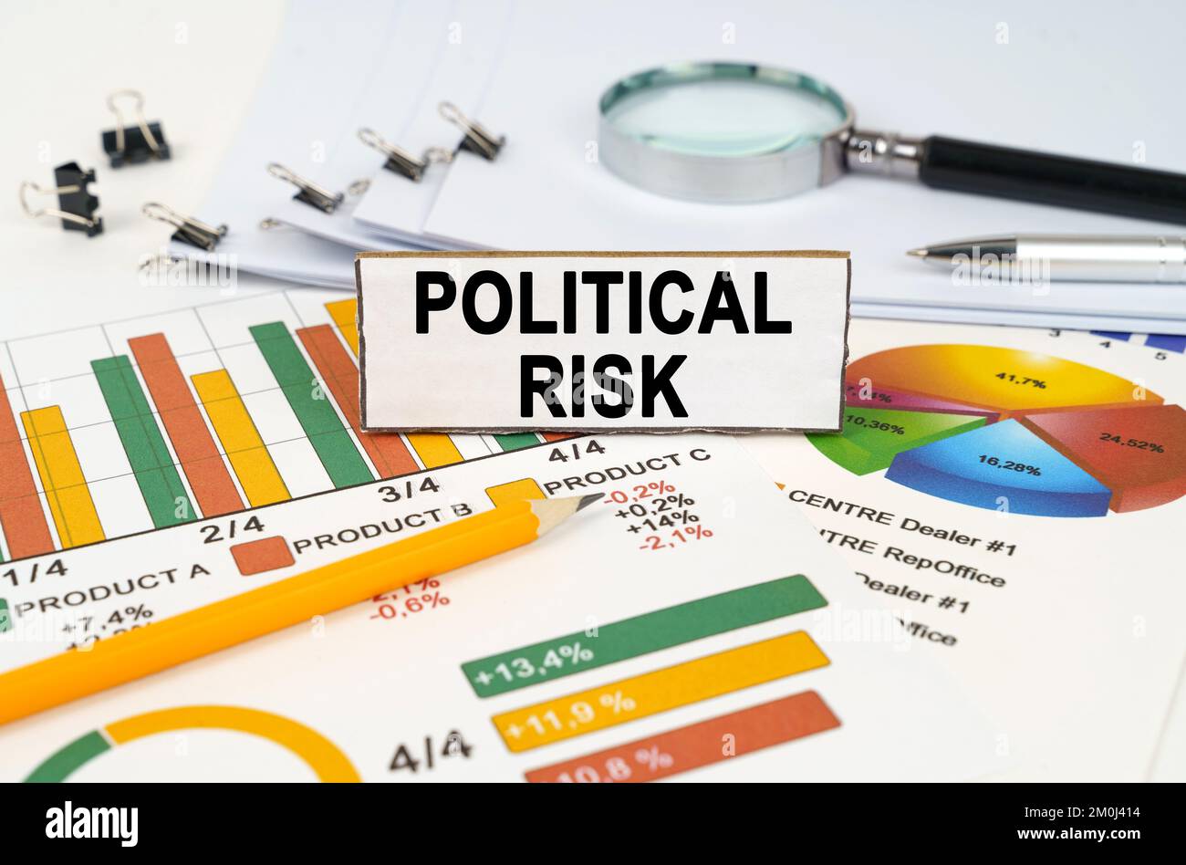 Concetto aziendale. Sui grafici di affari si trova una lente d'ingrandimento, una penna e un segno con l'iscrizione - rischio politico Foto Stock