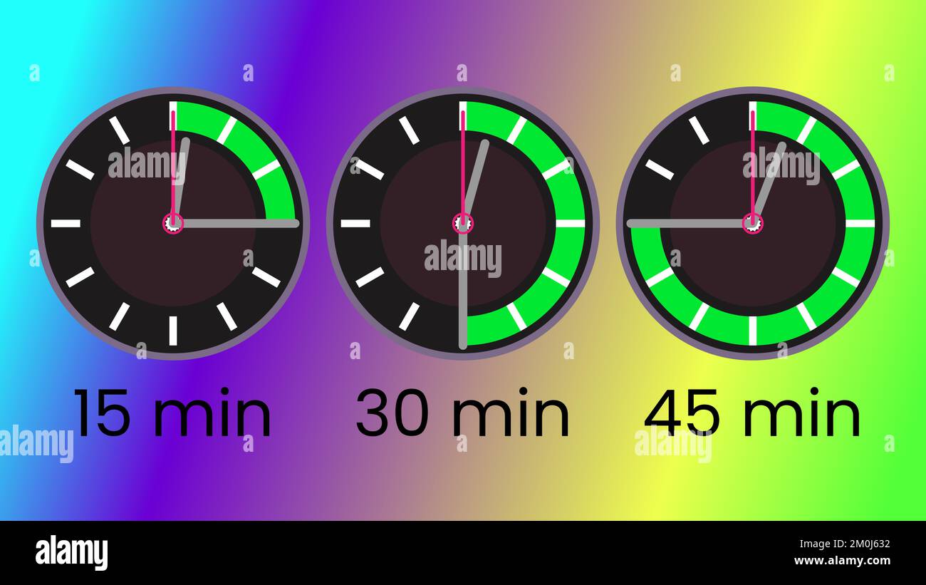 Set di timer da 15, 30 e 45 min, in stile orologio analogico Illustrazione Vettoriale