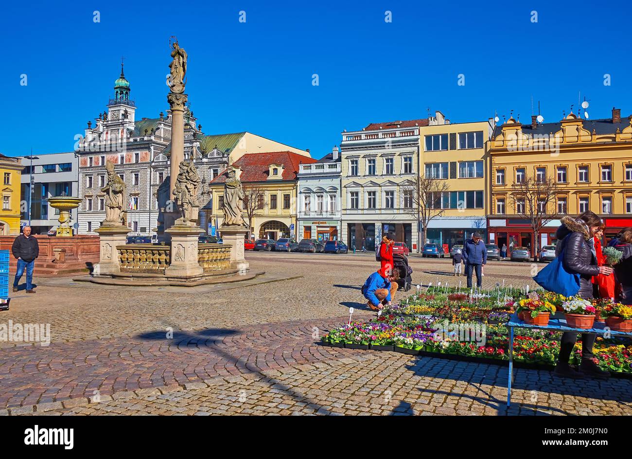 KOLIN, REPUBBLICA CECA - 9 MARZO 2022: Le bancarelle del mercato floreale con fiori in vaso sulla storica Piazza Karlovo, il 9 marzo a Kolin Foto Stock