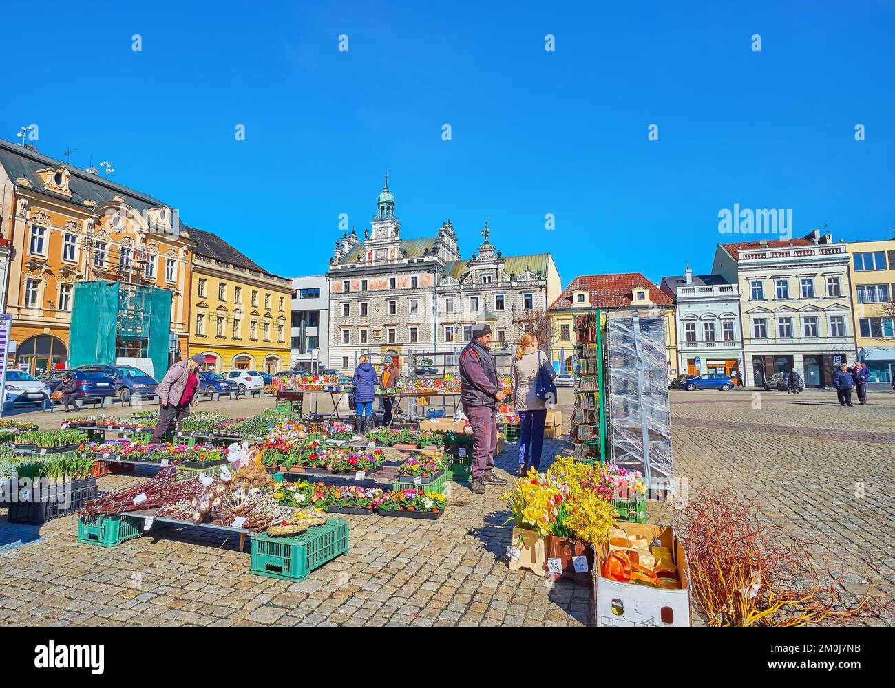 KOLIN, REPUBBLICA CECA - 9 MARZO 2022: Il piccolo mercato bancarelle con piante e fiori in Piazza Karlovo nel centro storico , il 9 marzo a Kolin Foto Stock
