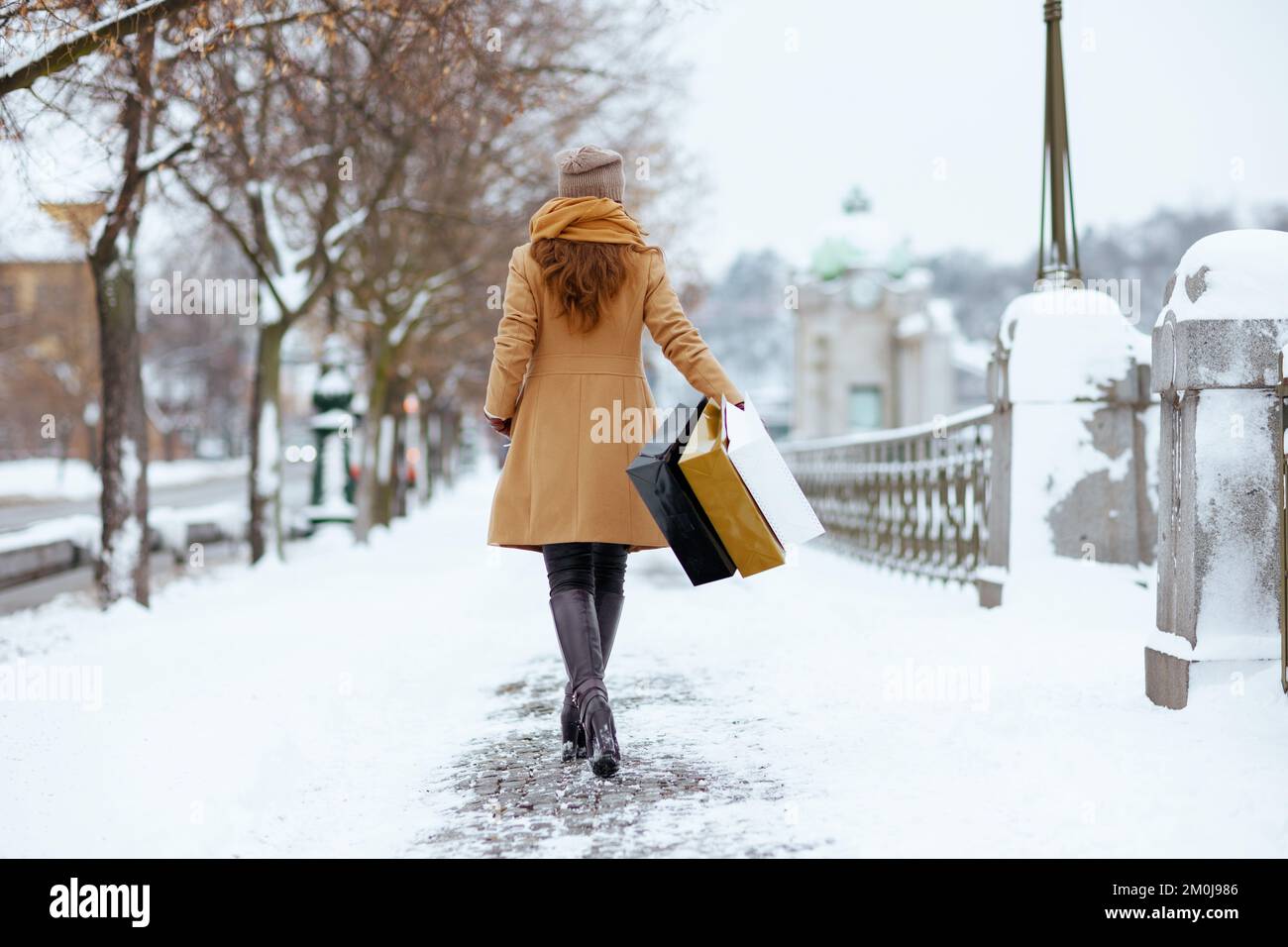Vista da dietro donna di mezza età in cappello marrone e sciarpa in camel cappotto con borse per lo shopping fuori in città in inverno. Foto Stock