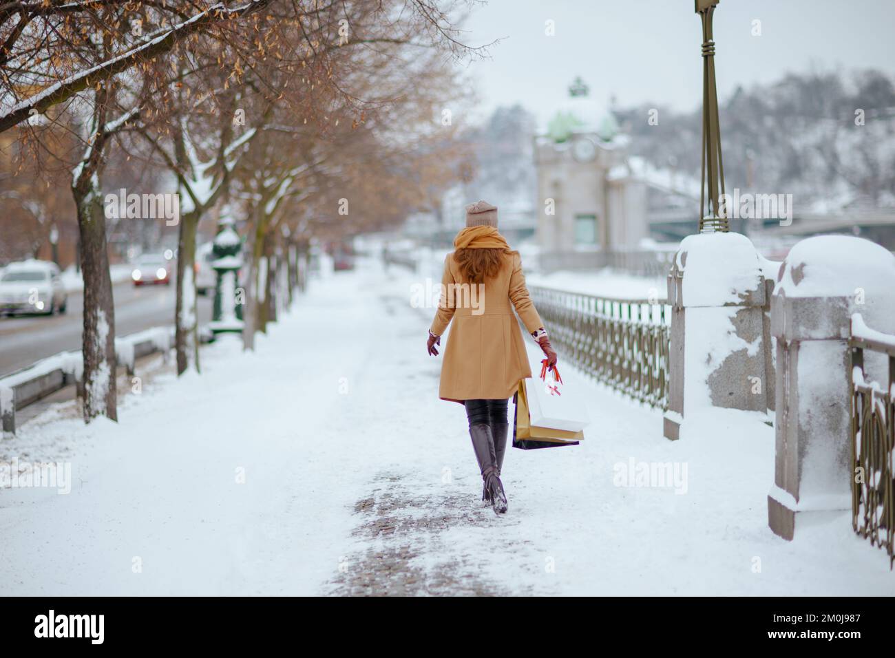 Vista da dietro donna di mezza età in cappello marrone e sciarpa in camel cappotto con borse per lo shopping fuori in città in inverno. Foto Stock