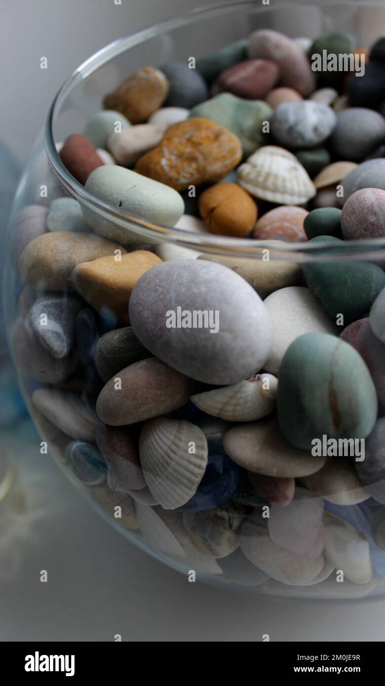 Varietà pietre di mare con vene di quarzo mescolato con conchiglie in Un vaso di vetro rotondo Foto Stock