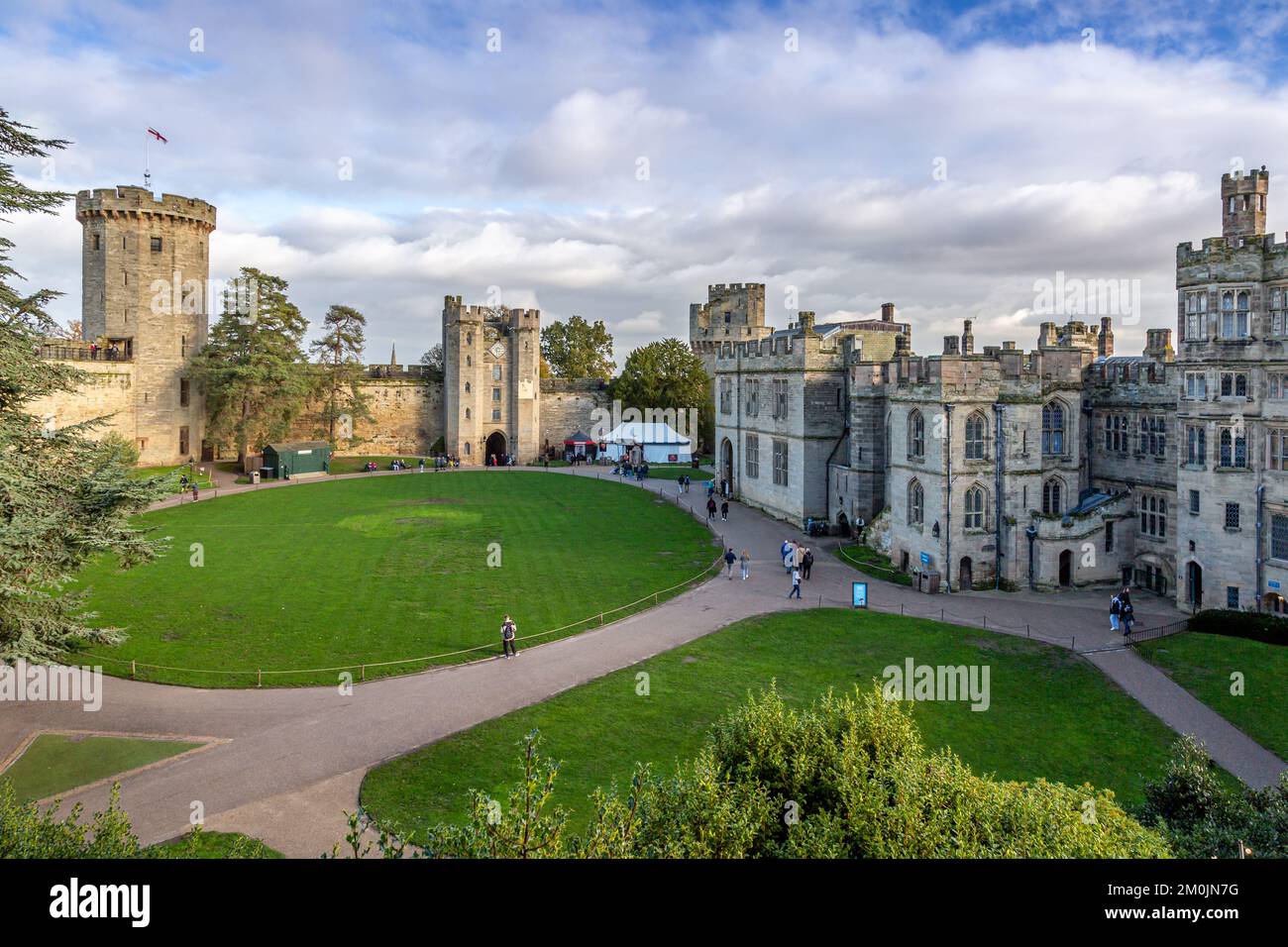 Vista sullo storico castello di Warwick, Warwickshire, Inghilterra. Foto Stock