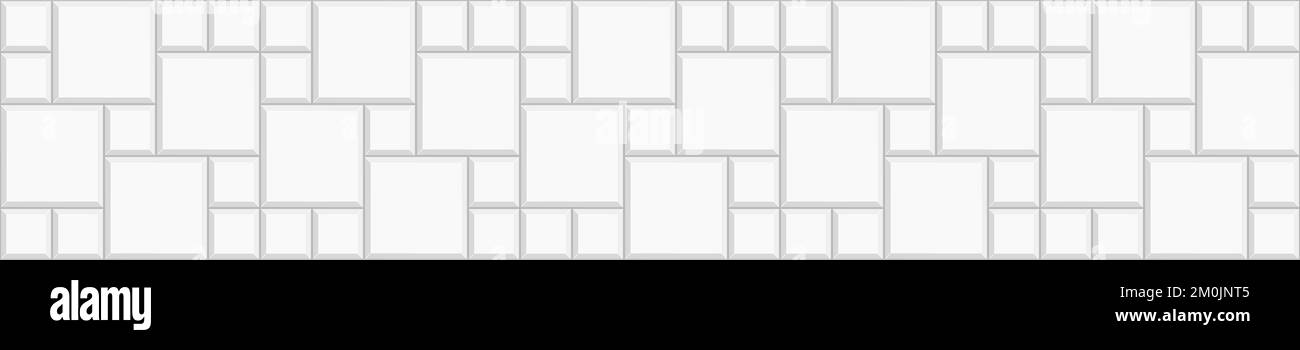 Mattonella multi pinwheel bianca sfondo orizzontale. Bagno, doccia o wc decorazione pavimento. Struttura del marciapiede. Cucina backsplash superficie mosaico. Pietra o muro di mattoni di ceramica. Illustrazione piatta vettoriale Illustrazione Vettoriale