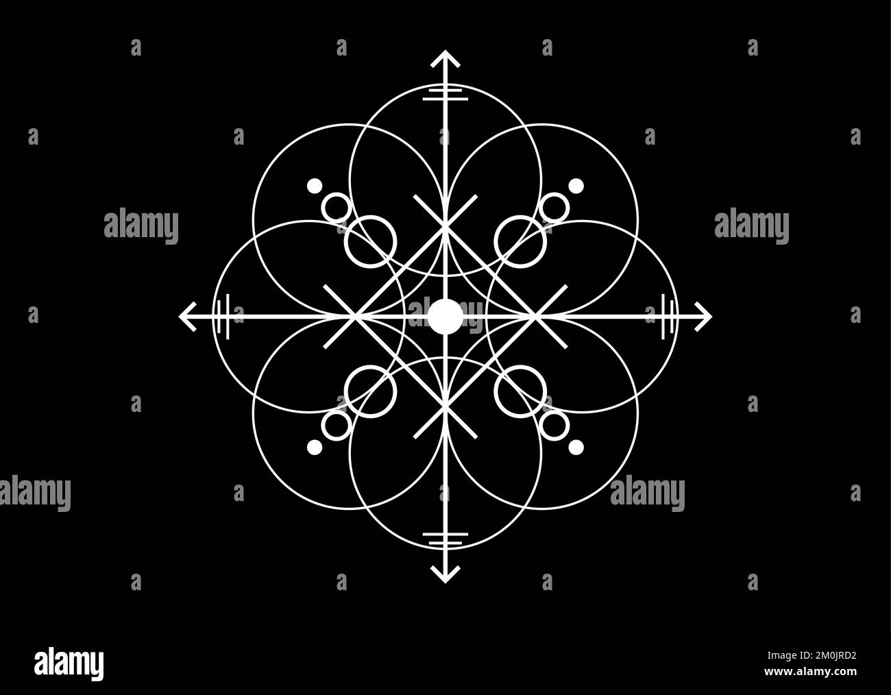 sigillo sacro di energia potente, sigil per la protezione con forme geometriche e frecce mistiche, simbolo vettoriale bianco croce tatuaggio isolato su nero Illustrazione Vettoriale