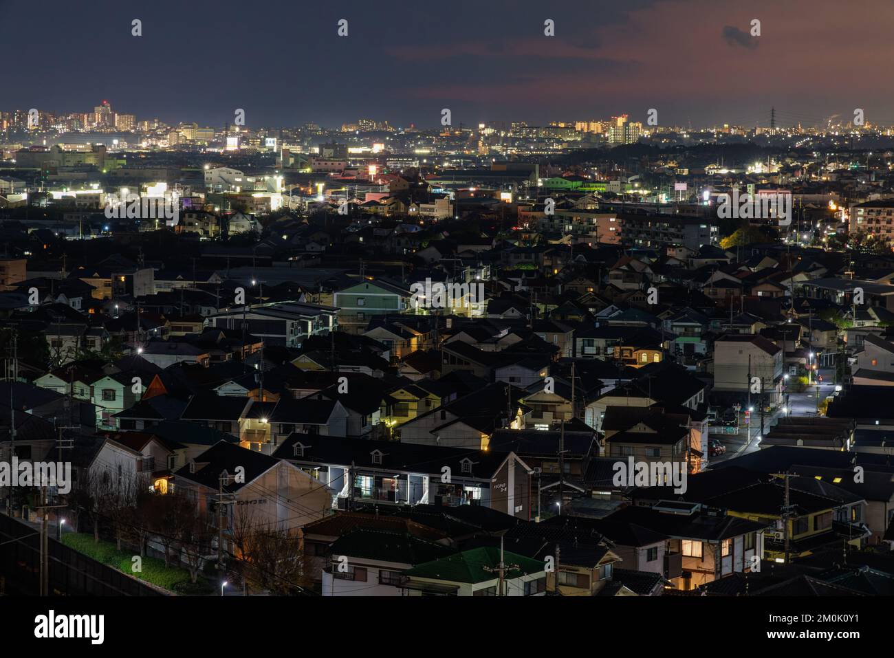 Vista aerea di un vasto quartiere residenziale vicino alla città di notte Foto Stock