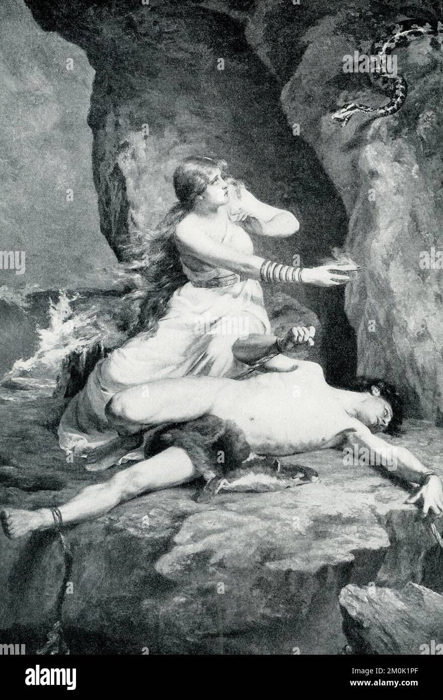 La didascalia del 1906 recita: “Questo famoso dipinto raffigura una delle prime leggende tedesche. Loki, il dio del male, fu punito per essere legato su una roccia nel nord congelato. Un sommatore velenoso fu appeso su di lui, cadendo il suo veleno sul suo volto. La sua bella e fedele moglie Sigyn si accovacciò al suo fianco, e lo salva dal veleno catturandolo in una piccola tazza. Quando la coppa è piena, deve svuotarla in mare; e, torcendo come può, il veleno ardente gocciola sul volto di Loki. Si diceva che i terremoti fossero causati dalle sue mazzate sofferenze, con le quali cercò di sfuggire alla sua agonia”. In norreno mitho Foto Stock