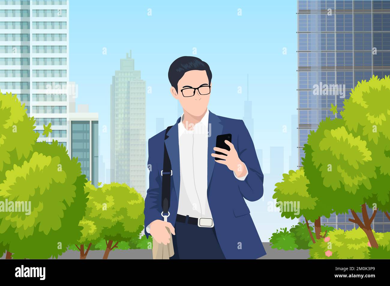 giovane uomo d'affari asiatico che guarda il cellulare mentre cammina per strada nella città moderna Illustrazione Vettoriale