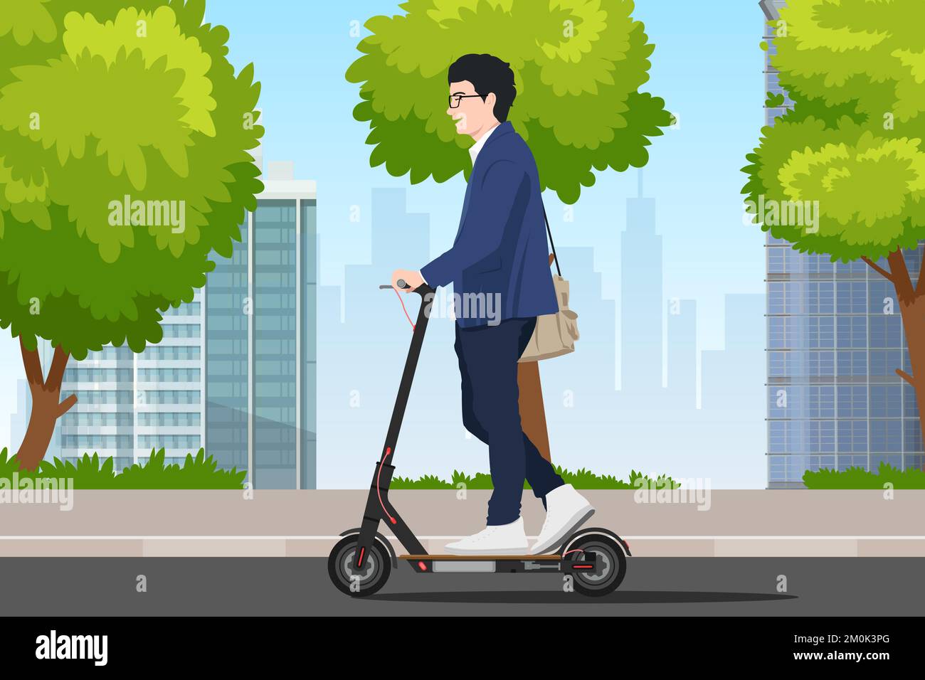 giovane uomo d'affari asiatico che si trova in città in viaggio con uno scooter a spinta Illustrazione Vettoriale