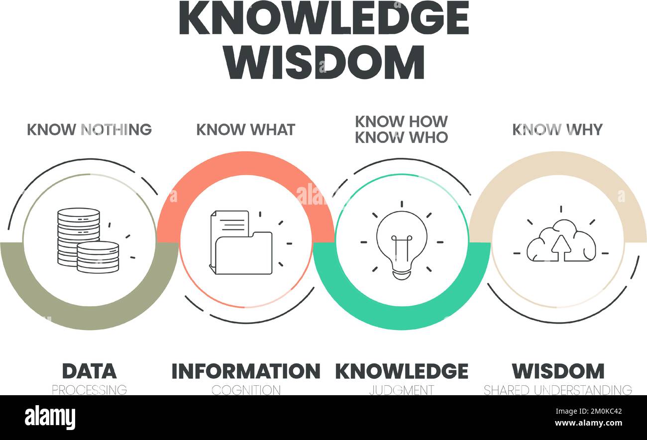 Il modello infografico del cerchio della saggezza della conoscenza con le icone ha saggezza (comprensione condivisa), conoscenza (giudizio), informazione (cognizione), dati (Proces Illustrazione Vettoriale