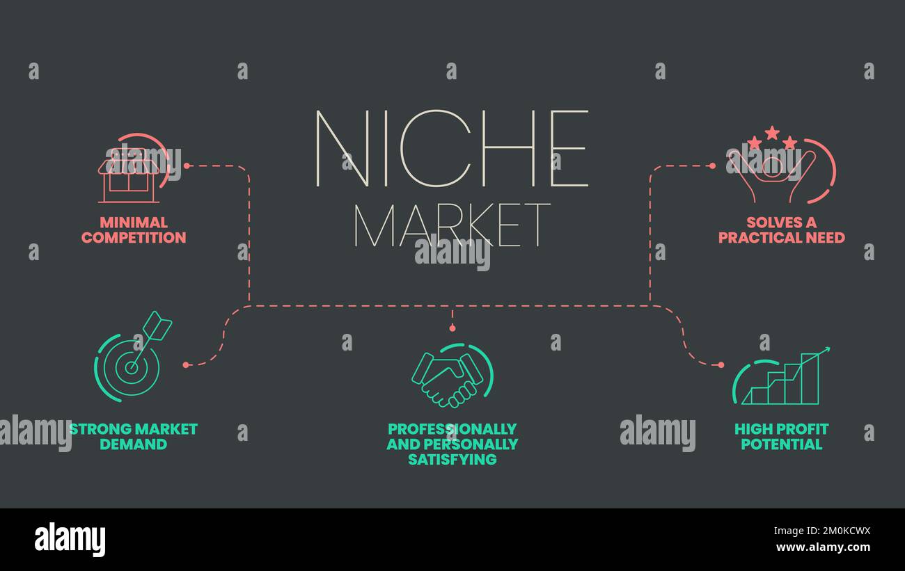 Modello di presentazione infografica di strategia di mercato di nicchia con icone quali concorrenza, domanda di mercato, necessità pratica, alto potenziale di profitto, professi Illustrazione Vettoriale