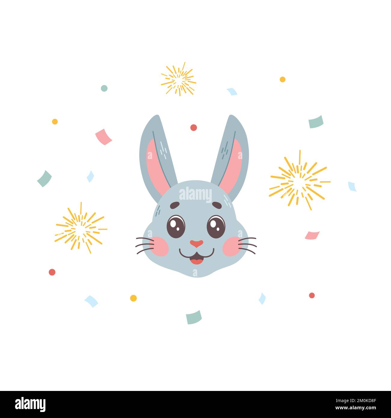 Anno di zodiaco di coniglio. Testa di coniglio con fuochi d'artificio e confetti, cartolina cinese di Capodanno. Simbolo del nuovo anno lunare. Lepre vettoriale dei cartoni animati. Carattere, ma Illustrazione Vettoriale