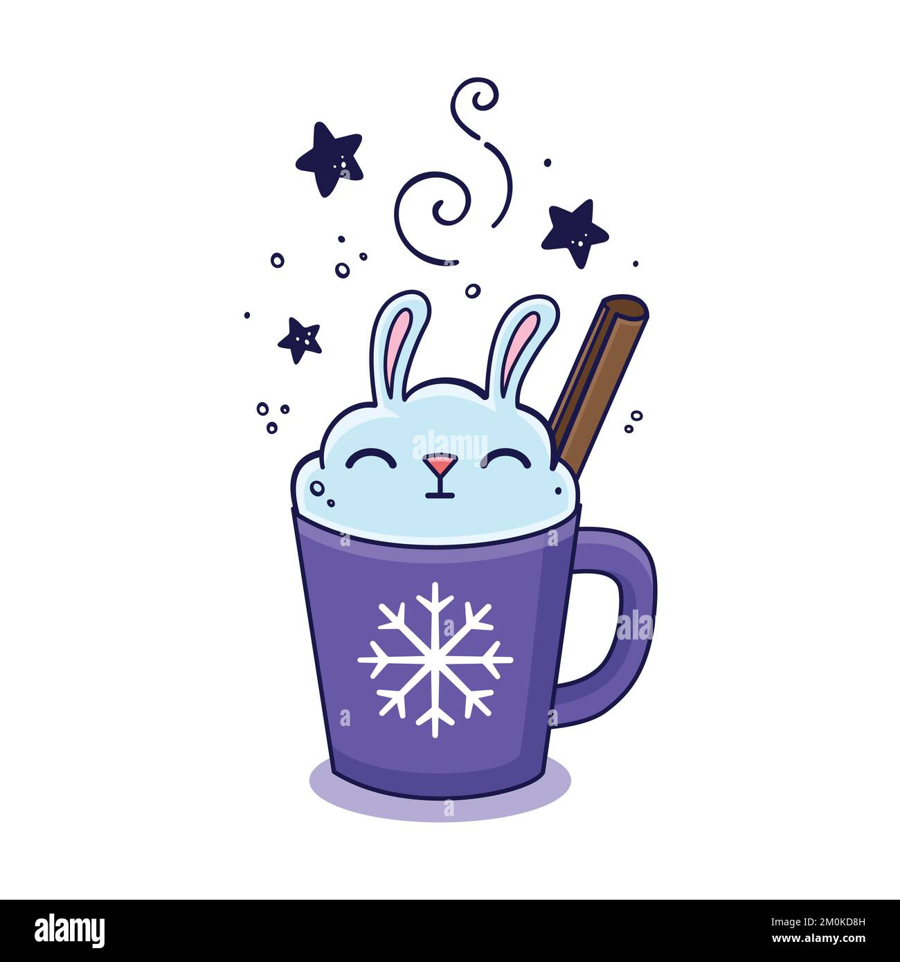 Drink di Natale decorato come un coniglietto di panna montata con un bastone di cannella. Bevanda calda invernale in stile doodle. Illustrazione disegnata a mano. Lepre di milkshake Illustrazione Vettoriale