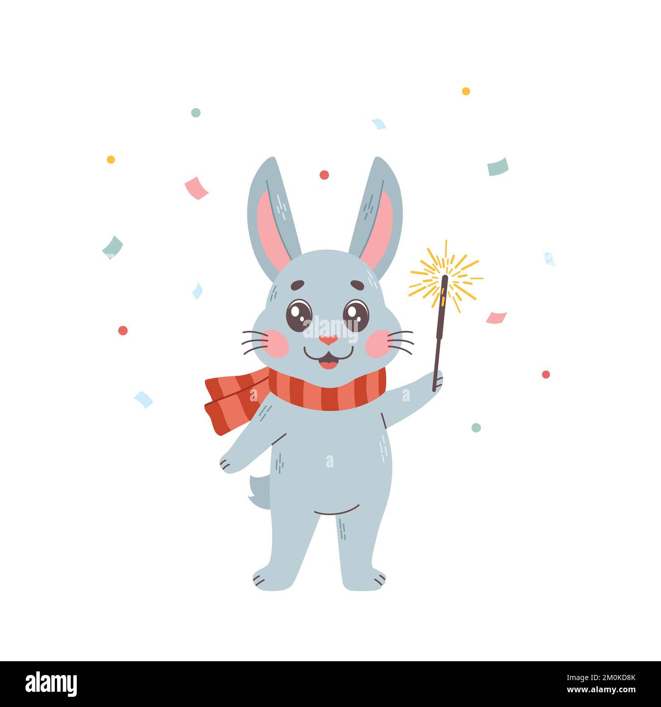 Anno di zodiaco di coniglio. Lepre con sparkler e confetti, cartolina cinese di Capodanno. Simbolo del nuovo anno lunare. Vettore cartone animato coniglio. Carattere, mascotte, Illustrazione Vettoriale