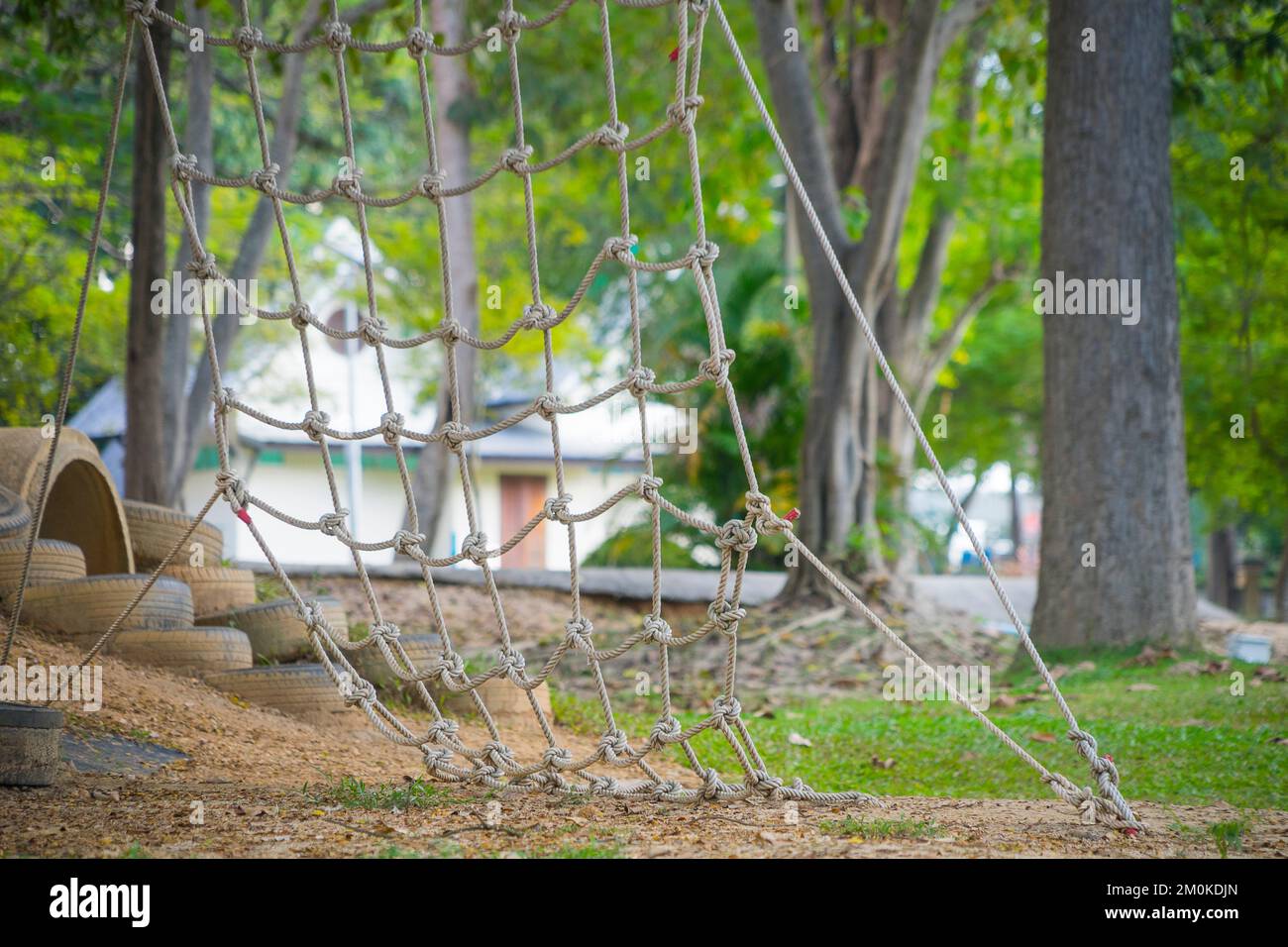 Arrampicata di una rete primo piano salita netto ROP selezionare fuoco verde sfondo natura. Foto Stock
