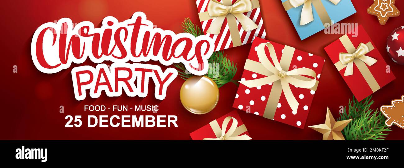 Allegro festa di natale palla di vetro e scatola regalo per il design opuscolo su sfondo rosso invito tema concetto. Buon banner di saluto e Illustrazione Vettoriale