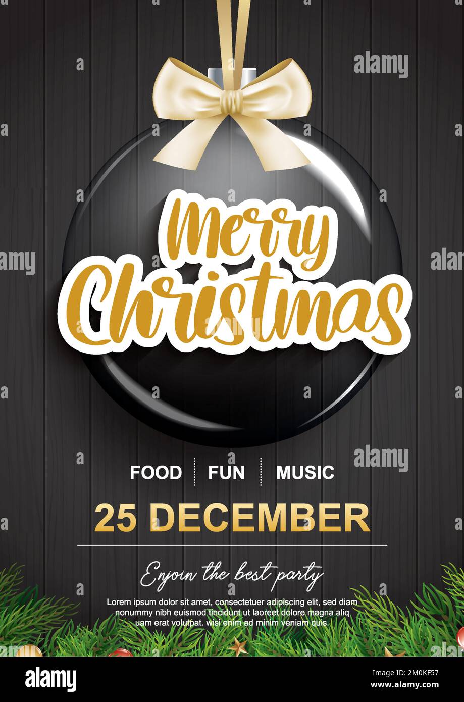 Buon natale con la sfera di vetro per il disegno della brochure del volantino sul concetto nero di tema di invito di fondo. Buon banner e biglietto di auguri per le feste Illustrazione Vettoriale
