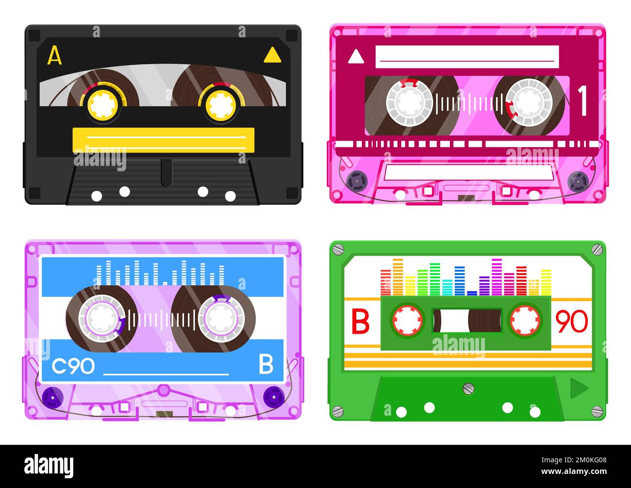 Registrazioni audio, musica retrò 90s. Cassetta colorata in plastica con mix musicale. Vecchia tecnologia di registrazione, 80s apparecchiature Illustrazione Vettoriale
