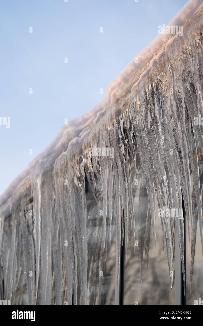 Ghiaccioli appendono dal tetto e dal muro in inverno. Acqua congelata da ghiaccio e neve durante lo scongelamento primaverile Foto Stock