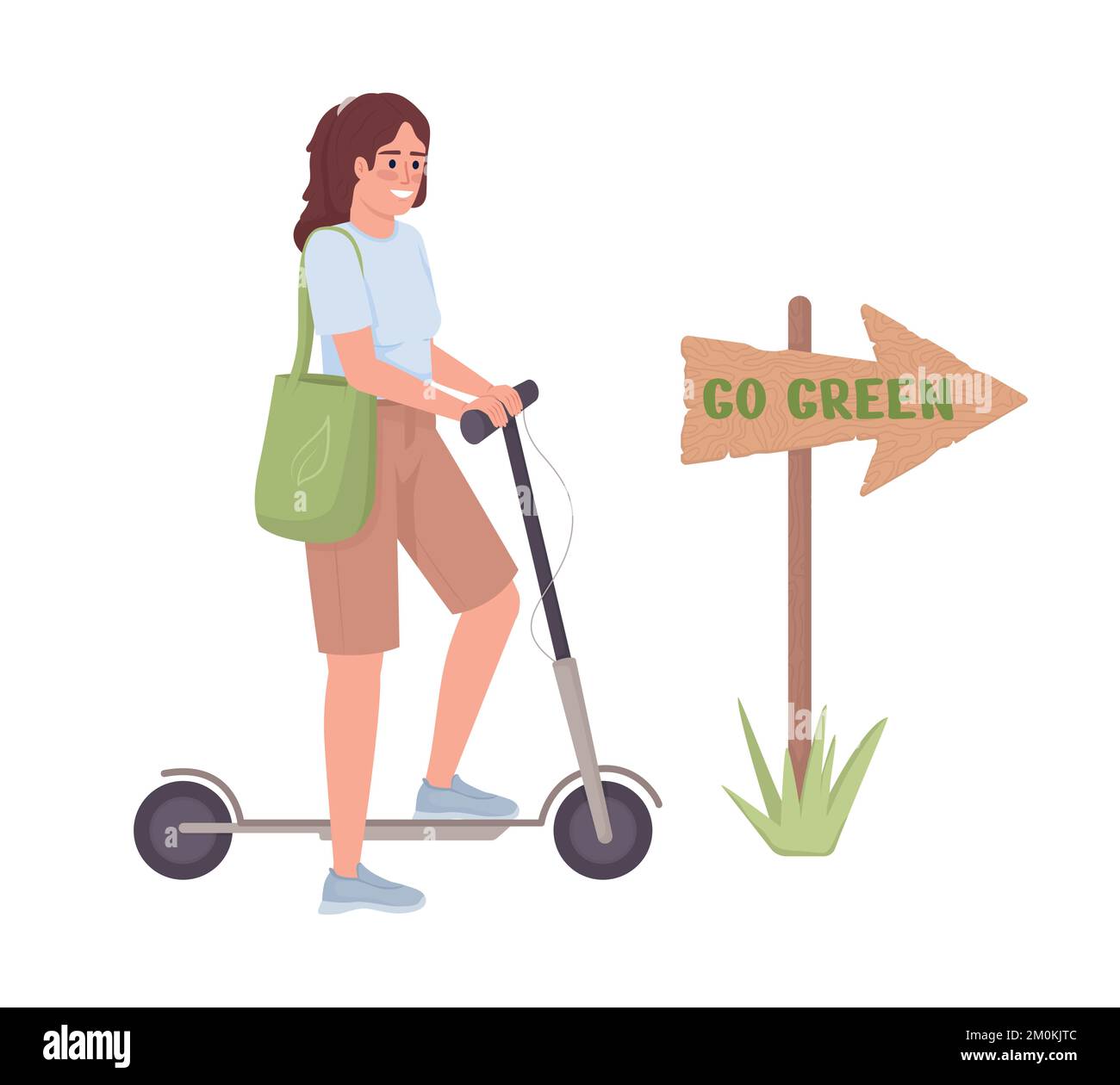 Donna con scooter elettrico semi piatto colore vettore carattere Illustrazione Vettoriale