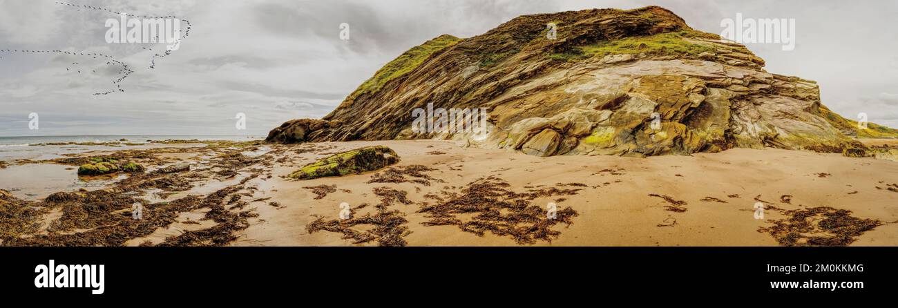 Panorama di grande collina rocciosa sulla spiaggia di Northumberland Foto Stock