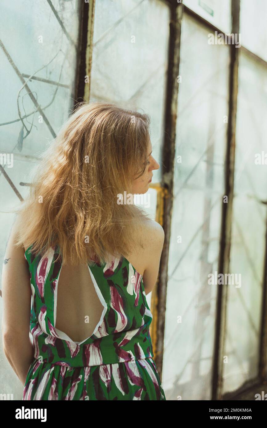 Bella signora da dietro in piedi dalla finestra di fotografia panoramica Foto Stock