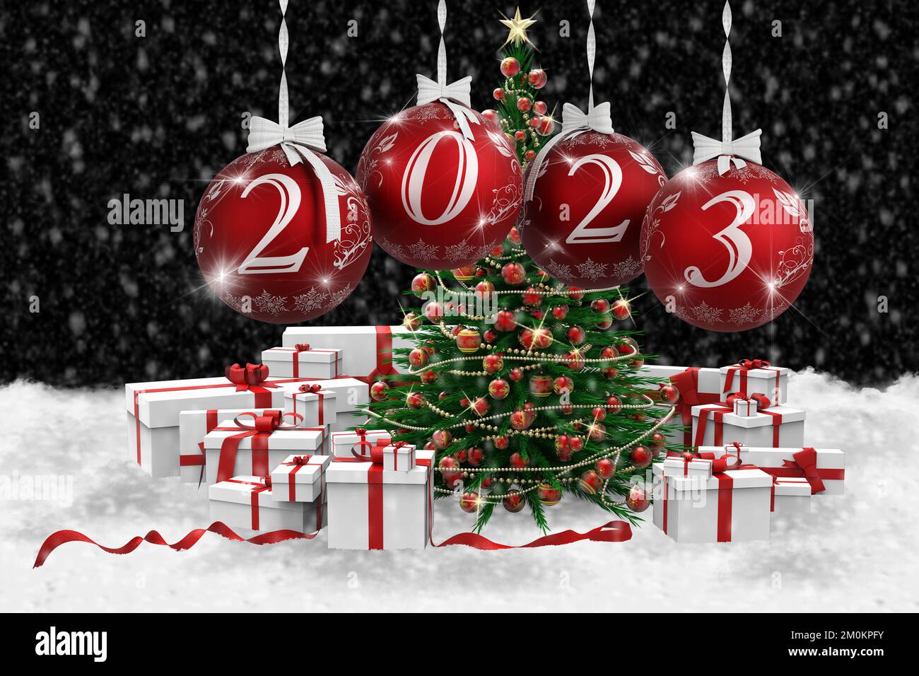 Illustrazione 3D. Anno nuovo 2023. Capodanno 2023 in numeri e con decorazione natalizia. Foto Stock