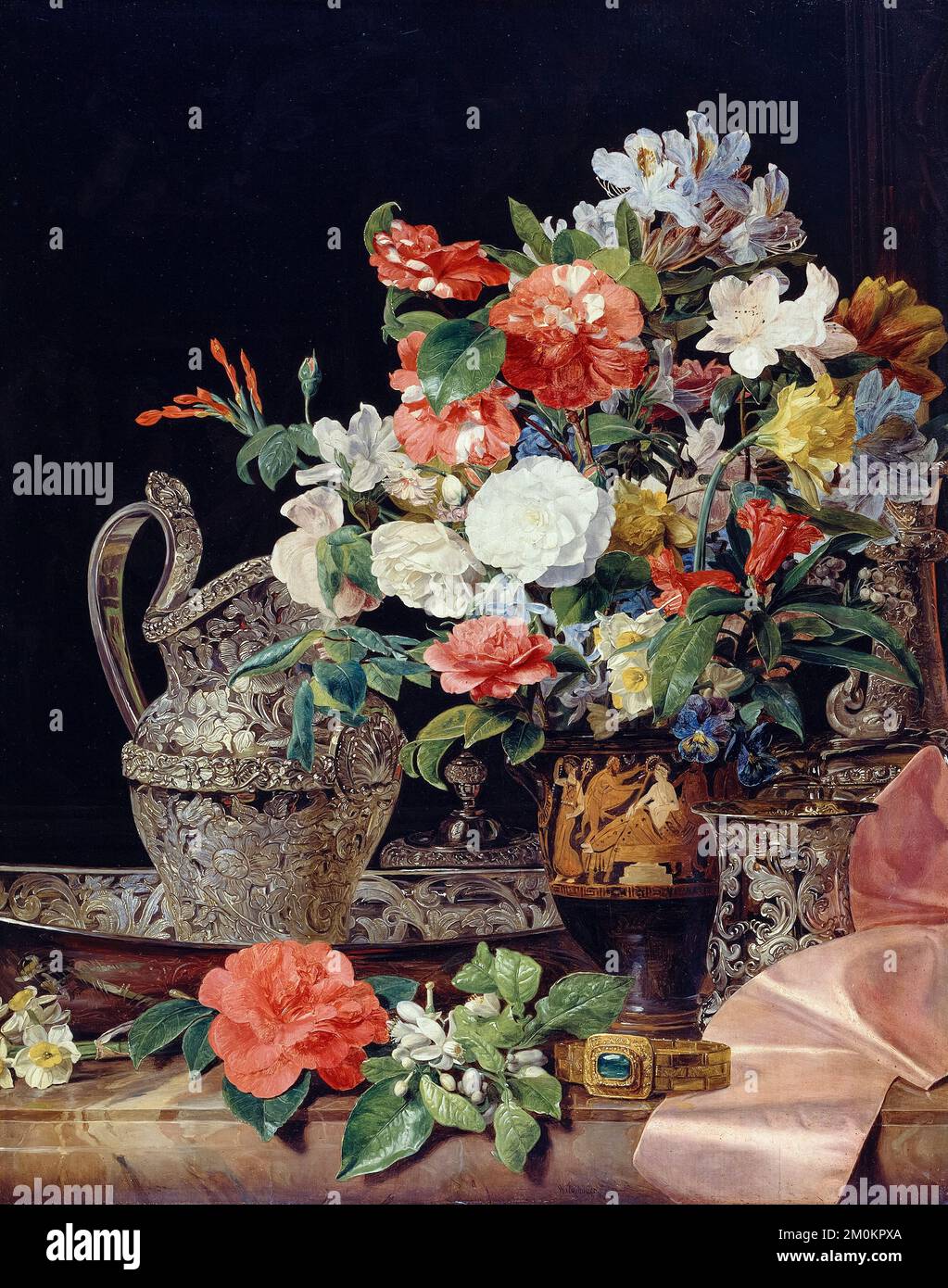 Ferdinand Georg Waldmüller, bouquet con vasi d'argento e vaso antico, pittura a olio su legno, circa 1840 Foto Stock