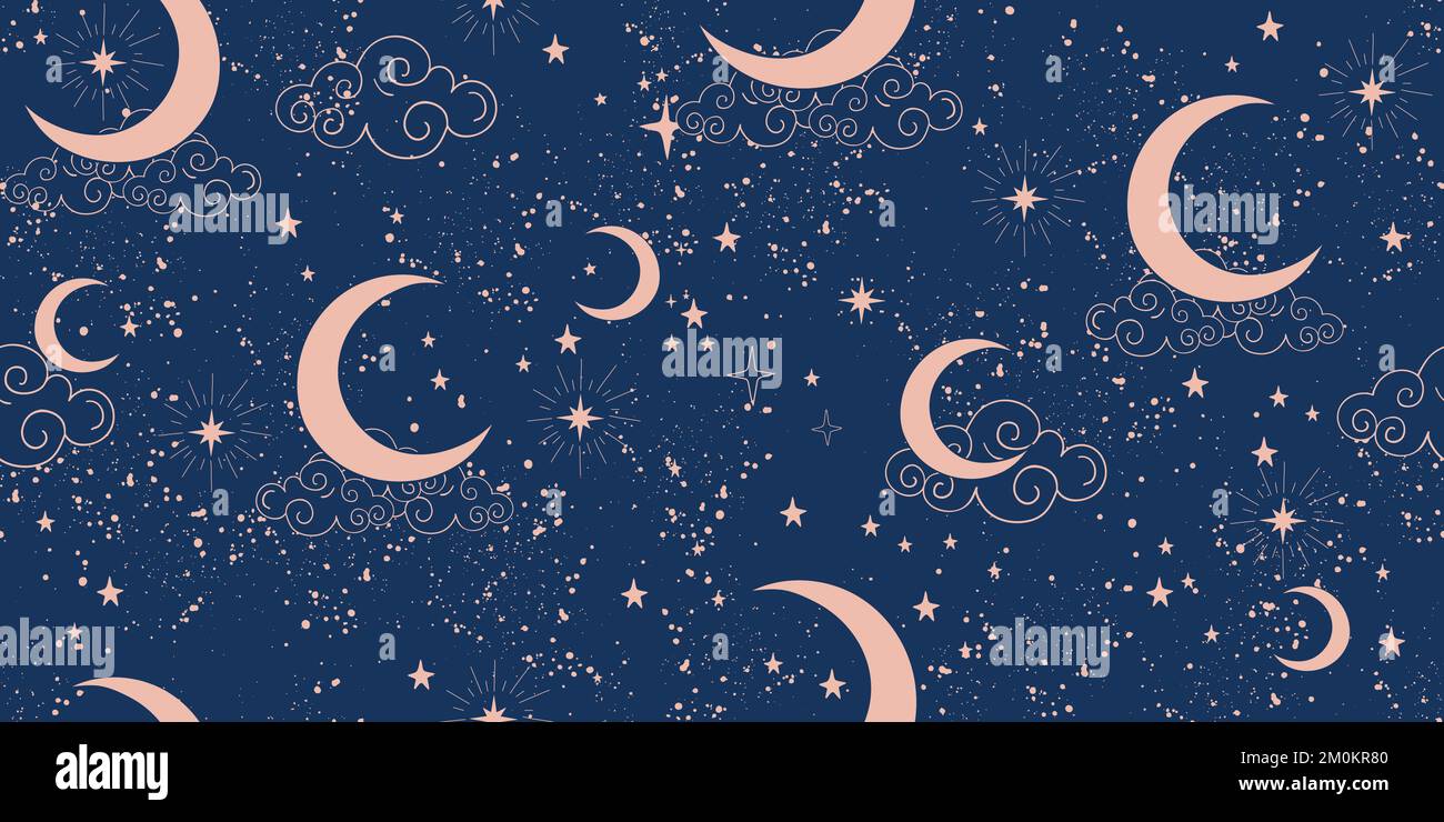 Stella celeste senza cuciture con luna e costellazione, sfondo boho per taro, astrologia, segni zodiacali, illustrazione del vettore cosmico Illustrazione Vettoriale