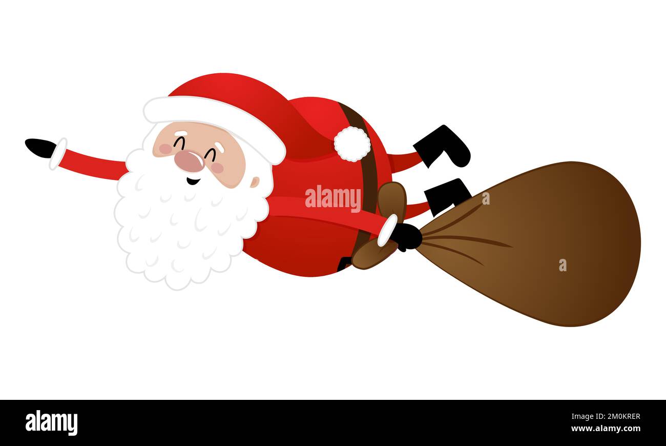 Babbo Natale trasporta volando i regali - illustrazione in stile cartone animato. Buon Natale e Felice Anno Nuovo. Personaggi divertenti nel laboratorio di Babbo Natale. Illustrazione Vettoriale