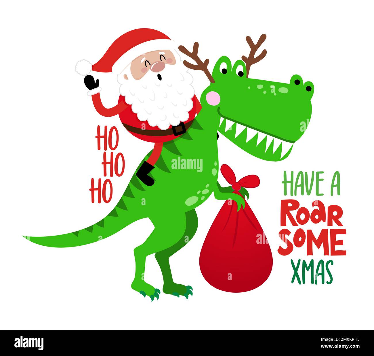 Buon Natale - Santa cavalca un dinosauro trex. Buon Natale, Natale e felice nuovo anno divertente concetto. Illustrazione del vettore cartoon. Santa Cl Illustrazione Vettoriale