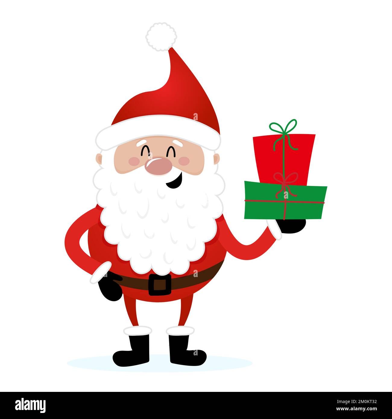 Babbo Natale ti dà i regali - illustrazione in stile cartone animato. Buon Natale e Felice Anno Nuovo. Personaggi divertenti nel laboratorio di Babbo Natale. Illustrazione Vettoriale